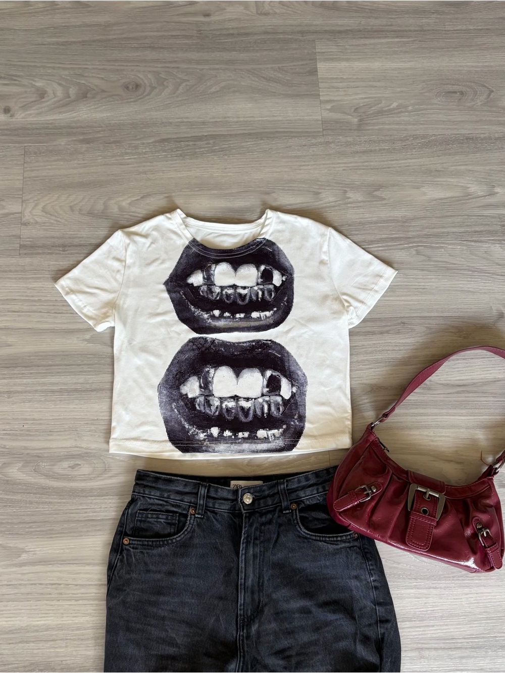 White Graphic Crop Tee with Black Mouth Print